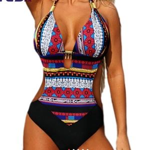 Boho/Tribal Red Multi Print Monokini Swimsuit